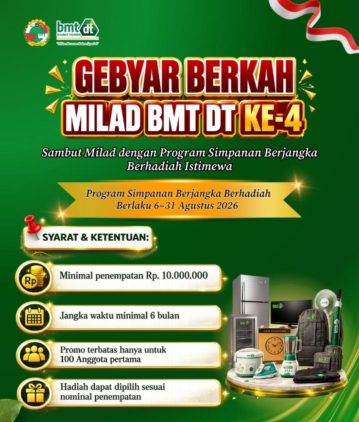 Gebyar Berkah Milad BMT DT Ke-4 Hadirkan Program Simpanan Berjangka Berhadiah - Cover Image